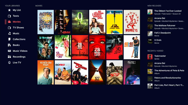 Demo video of the home screen for Jellyfin for Roku. The screen is broken into 3 columns with libraries on the left, media items in the middle, and recently added and new releases on the right.