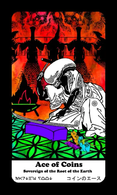 ace of coins sovereign of the root of the earth. hammering blade. men in front of fire